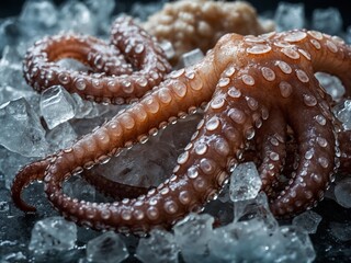 Octopus tentacle drapes over chunks of ice, showcasing its suction cups, textured skin. Contrast between organic curves, sharp ice edges highlights fresh seafood.