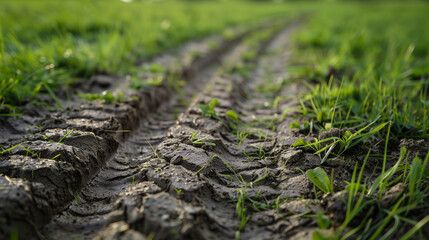 Close-up of tire tracks on a grass field, nature background