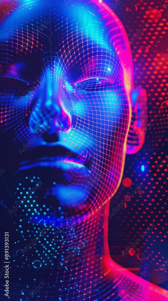 Poster close-up digital representation of a human face with grid and neon lights. concept of ai and technol