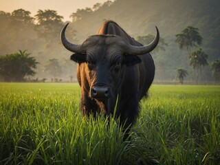 Naklejka premium In early morning light, majestic buffalo stands at center of lush green field. Its symmetrical horns curve gracefully, its gaze unwavering. Serene scene framed by hazy trees, soft-focus sky.