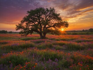 Fototapeta premium Amidst vibrant field of purple wildflowers, majestic tree stands tall, bathed in warm glow of setting sun. Sky above canvas of orange, pink, purple hues, reflecting in flowers below.