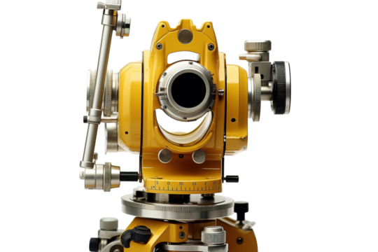 A Yellow Theodolite Poised for Precise Measurement on a Clear PNG or White Background.