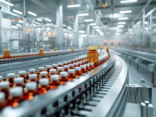 Obraz premium Precision Pharmacology - Hyper-Realistic 3D Rendering of Sterile Pharmaceutical Production Line with Automated Machinery Filling Medicine Bottles and Tablets