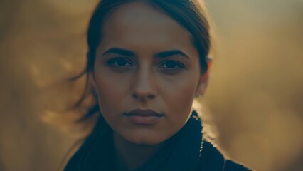 Elegance Personified: Portrait of a Beautiful Woman with shallow depth of field, bokeh, muted color palette, golden hour. Concept for beauty, fashion, lifestyle, decision and future