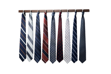 A Row of Ten Stylish Silk Ties Hanging on a Wooden Rack on a Clear PNG or White Background.