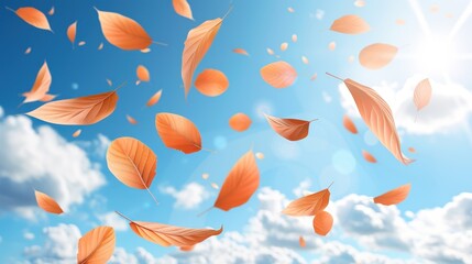 Bright sunlit sky with numerous orange leaves in wind.
