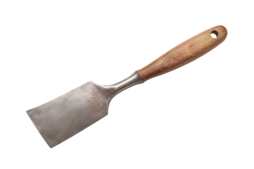 A Worn Wooden-Handled Metal Trowel Isolated on a White Background on a Clear PNG or White Background.