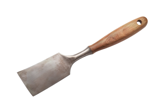 A Worn Wooden-Handled Metal Trowel Isolated on a White Background on a Clear PNG or White Background.