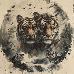 Chinese ink drawing style with tiger and dragon.
