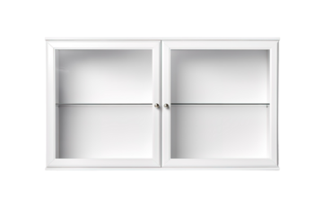 A White Glass-Front Cabinet With Two Shelves and Silver Knobs on a Clear PNG or White Background.