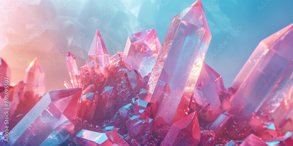 Wall mural close-up of vibrant pink and blue geometric crystals. shiny and transparent, perfect for artistic an