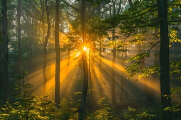 Fototapeta premium Enchanting Sunrise Through a Misty Forest Canopy