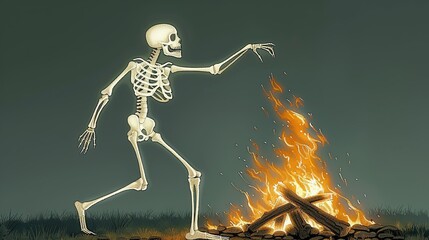 Dancing skeleton silhouetted against a bonfire, bones rattling with every move. Illustration Flat Color, Clip Art Style , Minimalism,