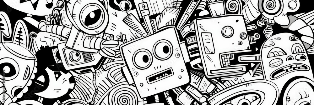 Aufkleber Black and white abstract doodle art with various robotic elements and characters. Concept of creative robotic illustrations and modern design.