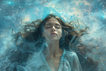 A beautiful woman meditating with her hair flowing in the wind, against a cosmic background.