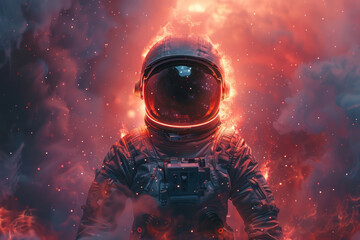 An astronaut with a helmet and space suit in front of a nebula, set against a space background.
