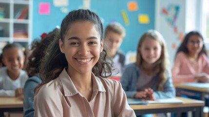 A cheerful classroom setting filled with diverse students with a radiant smile, representing the positive and inclusive atmosphere of the learning environment. A Black girl