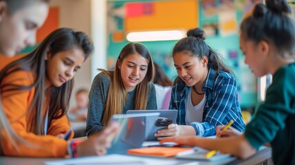 Teenage friends gathered around a table, enthusiastically working on a group project. the importance of teamwork and friendship in fostering a positive educational experience
