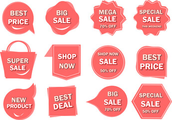 Set of Sale badges. Sale quality tags and labels. Template banner shopping badges. Special offer, sale, discount, shop, black friday. Vector illustration pink color