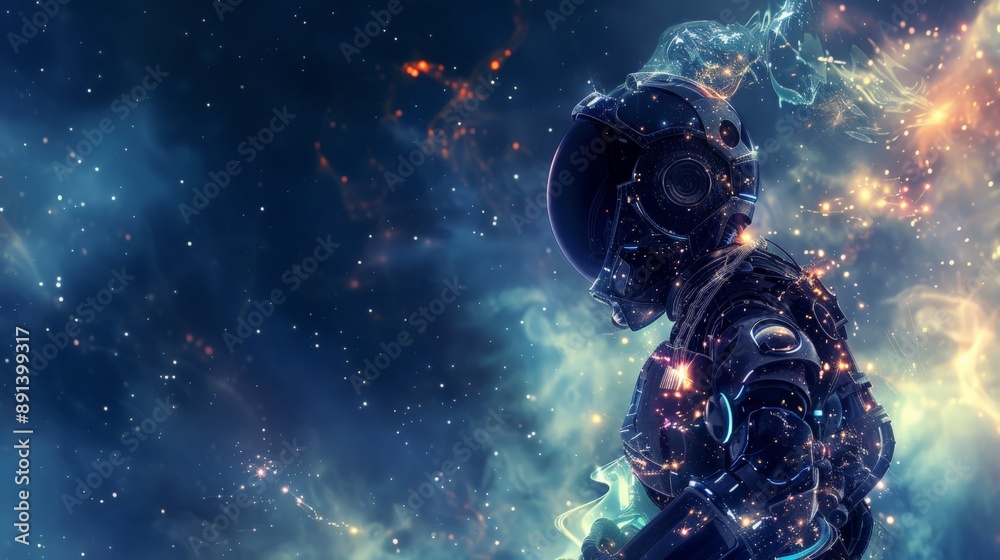 Aufkleber futuristic astronaut robot in space with glowing lights and cosmic background. concept of advanced s
