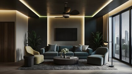 Fototapeta premium A modern living room with neon green light borders accentuating the edges of the ceiling and floor. 