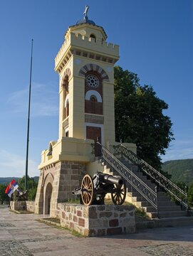 Kamenica, Serbia - Jul 9, 2024: Cegar is a place in Serbia where the Battle of Cegar Hill took place. It was erected for the 15th anniversary of the liberation of Nis from the Turks. Selective focus