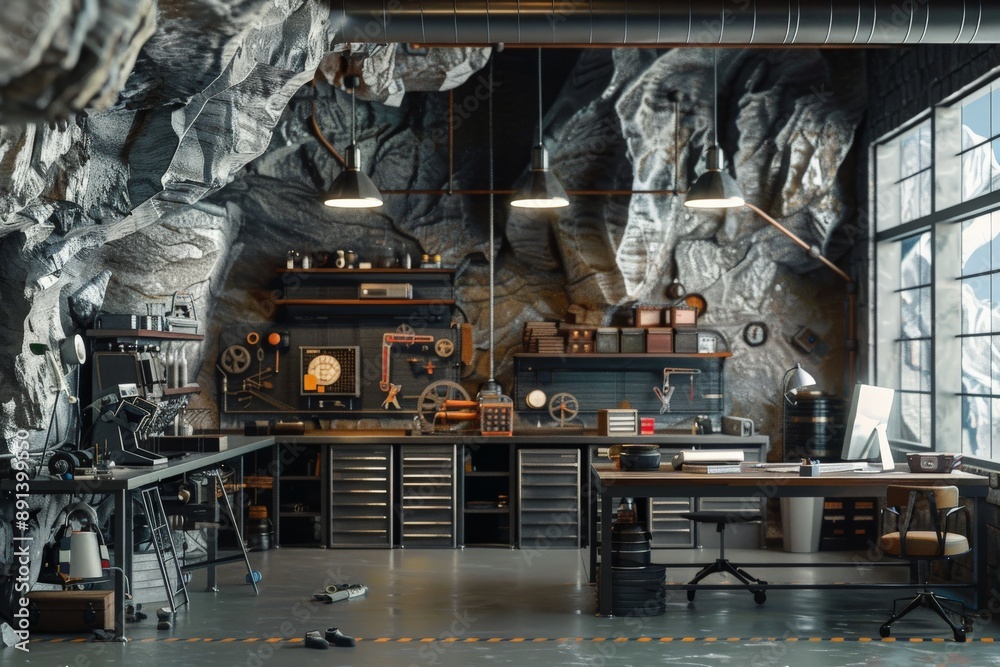 Poster engineer working in modern industrial workshop built in a cave