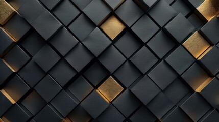 3d black and gold geometric pattern on a square background, black diamond pattern abstract wallpaper on dark background, Digital black textured graphics poster banner background