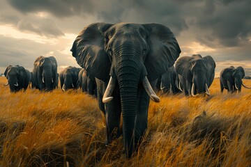 Obraz premium Majestic Elephants in a Golden Grassland Under Dramatic Skies