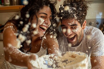 Couple having fun throwing flour at each other in kitchen