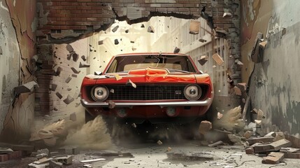 3d wallpaper design with a classic car. driving through a broken wall