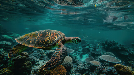 Obraz premium A photograph of a turtle swimming underwater, green and yellow shell, detailed texture, serene and calm pose, straight-on angle, near a coral reef