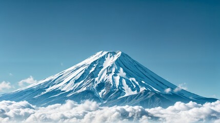 The image depicts a majestic mountain peak, covered in a blanket of snow and surrounded by a sea of clouds. The peak stands tall against the backdrop of a clear blue sky.