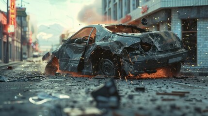 Fototapeta premium A car is in a crash and is covered in debris. The scene is chaotic and dangerous. The car is on the ground and surrounded by broken glass and other debris. Scene is tense and unsettling
