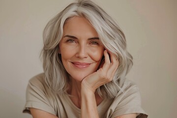 beauty portrait of a smiling woman 45 years old with gray hair on a  neutral background, concept of natural female beauty and skin care