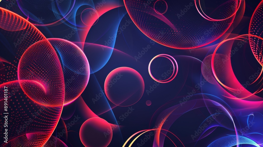 Poster Vibrant abstract digital art with colorful circles and lines on a dark background. Concept of modern digital art and technology.
