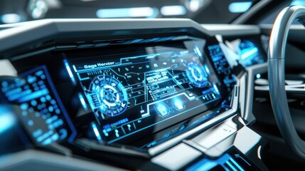 A futuristic car dashboard with a digital display showing blue glowing lines and codes, symbolizing high-speed data processing. The interior of the car is clean and modern, with gray and white tones.