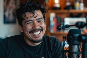 Content creator recording podcast in home studio laughing