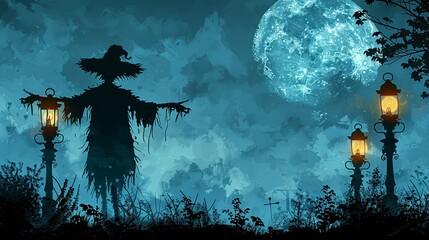 Obraz premium Spooky silhouette of a scarecrow under a harvest moon, with vintage gas lamps creating mysterious shadows on a misty night. Illustration Flat Color, Clip Art Style , Minimalism,