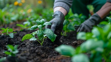person planting trees and applying fertilizer in a lush green garden. planting trees with care, fertilizing for a flourishing garden, agriculture and horticulture, environmental conservation.