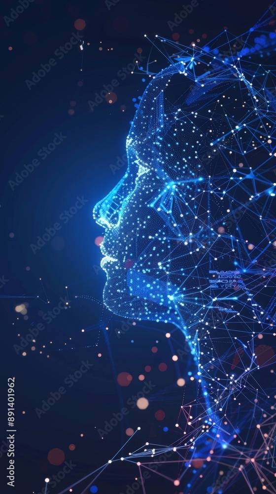 Aufkleber side profile of a digital face with blue connections and circuits on a dark background. ai and techn