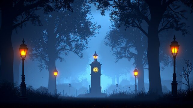 Foggy vintage street at midnight, with an old grandfather clock striking and casting eerie shadows from its gas-lit lamps. Illustration Flat Color, Clip Art Style , Minimalism,