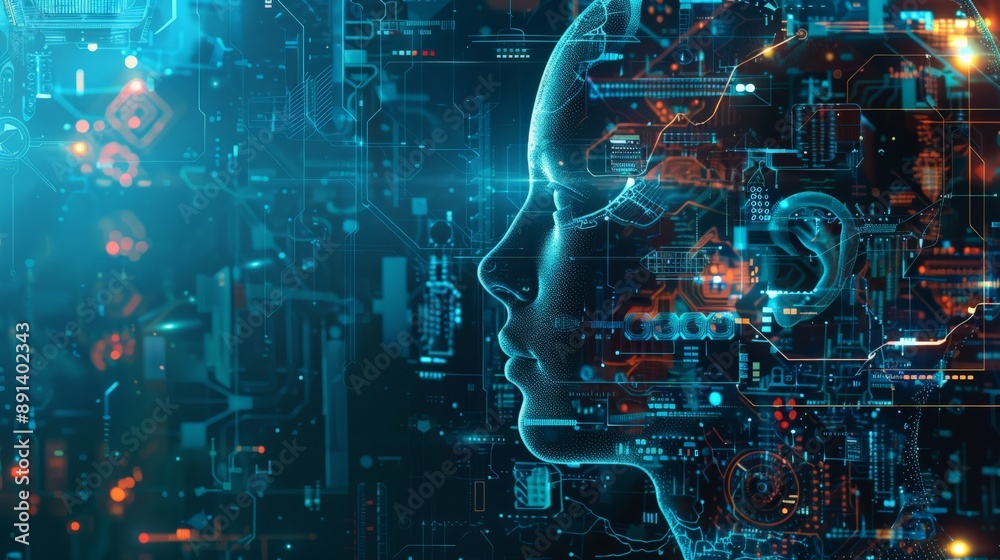 Poster digital human face with neon lights and network lines. concept of ai and technology.
