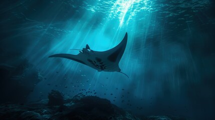 A manta ray gracefully swims through an underwater cave, illuminated by bright beams of sunlight