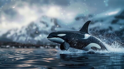 Obraz premium A killer whale leaps out of the water with its mouth open, creating a splash. It is in front of a snowy mountain range