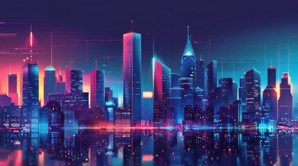 Fototapeta premium Futuristic Cityscape Neon Lights Nighttime