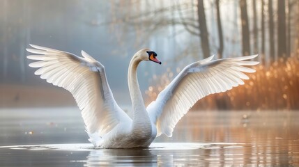A white swan with its wings spread wide floats on a calm lake, surrounded by mist and a blurred background of trees