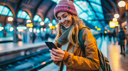 Obraz premium A Woman Smiles While Checking Her Phone at the Train Station