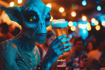 Blue alien having fun drinking beer in a pub