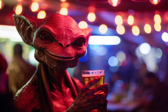 Red alien having fun drinking beer at nightclub